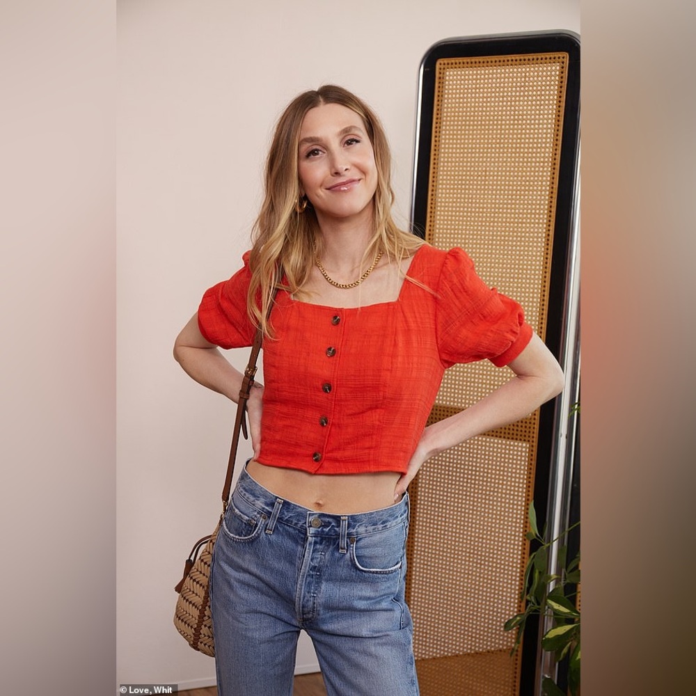 Love, Whit by Whitney Port Smocked Square Neckline Crop Top Red Various Sizes